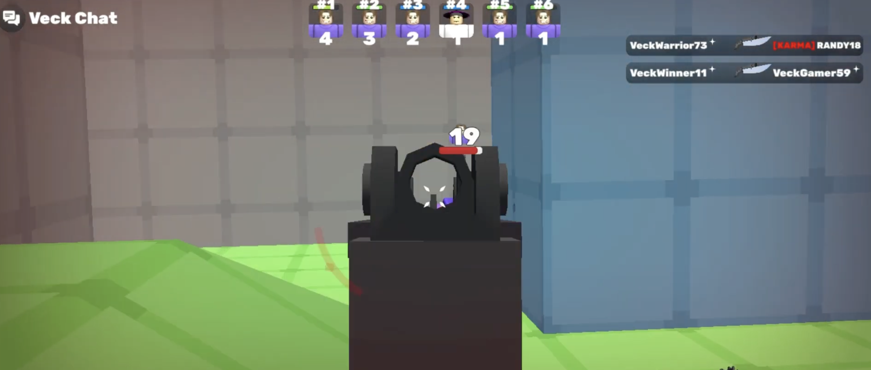 Veck IO guide: Corner pre-aim tactic, showing the player using ADS to anticipate an enemy position.